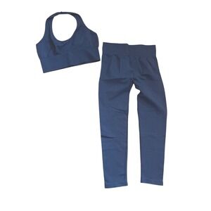 Navy Blue Seamless‎ Ribbed Activewear Set Halter Bra & Scrunch Leggings Large